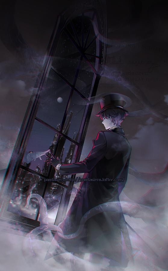 1boy, abstract_background, black_coat, black_gloves, black_hair, black_headwear, black_pants, building