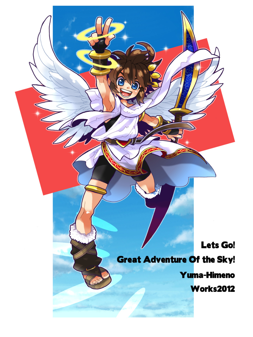 1boy, angel, angel_wings, armband, artist_name, blue_eyes, bow_(weapon), brown_hair
