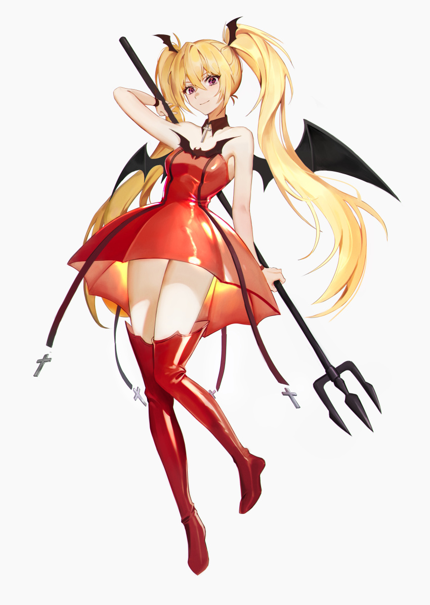 1girl, absurdres, blonde_hair, boots, chap_yun, choker, closed_mouth, cross, cross_choker, demon, demon_girl, demon_wings, dress, full_body, head_wings, highres, holding_trident, hoshina_utau, looking_at_viewer, lunatic_charm, polearm, red_dress, red_footwear, shugo_chara!, smile, solo, thigh_boots, trident, twintails, violet_eyes, weapon, white_background, wings