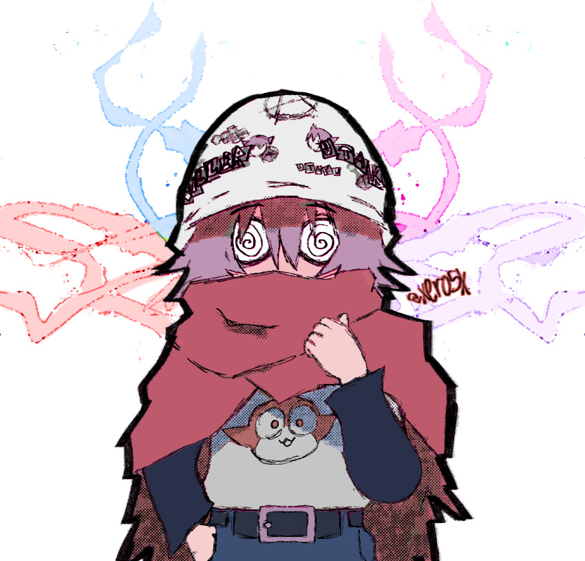 1boy, anarchy_symbol, belt, belt_buckle, blue_pants, buckle, cape, coke-bottle_glasses, colorful, commentary, covering_mouth, english_commentary, glasses, helmet, kyoutarou_(magical_destroyers), long_sleeves, mahou_shoujo_magical_destroyers, mixed-language_commentary, otaku_hero, pants, simple_background, solo, twitter_username, white_background, xero5x