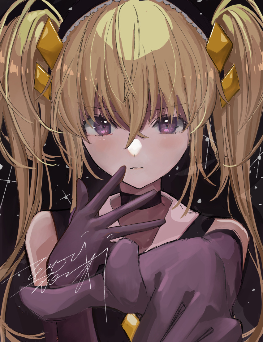 1girl, absurdres, black_background, black_choker, black_gloves, black_hairband, black_shirt, blonde_hair, blush, choker, closed_mouth, dark_jewel, diamond_hair_ornament, gloves, guardian_chara, hairband, highres, hoshina_utau, looking_at_viewer, shirt, shugo_chara!, signature, solo, tank_top, temarizushi, violet_eyes