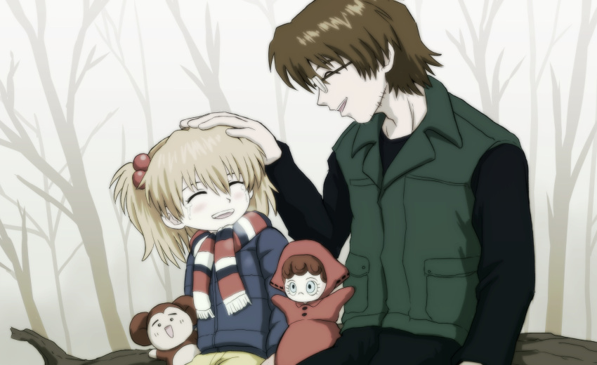 1boy, 1girl, aida_kensuke, amai_yadoraki, brown_hair, closed_eyes, doll, evangelion:_3.0+1.0_thrice_upon_a_time, glasses, hand_on_another's_head, highres, medium_hair, neon_genesis_evangelion, open_mouth, orange_hair, rebuild_of_evangelion, short_hair, smile, souryuu_asuka_langley