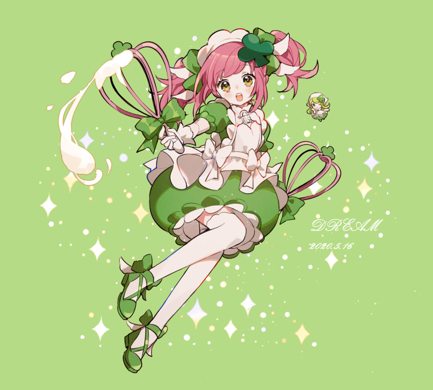 2girls, amulet_clover, apron, artist_name, blush, bow, clover_hair_ornament, dated