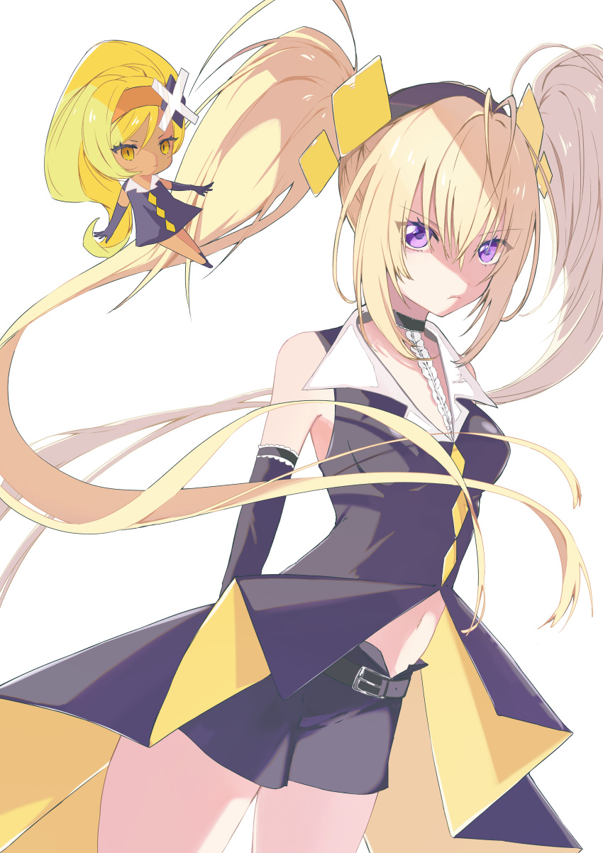 2girls, absurdres, belt, black_belt, black_choker, black_gloves, black_headband, black_jewel, black_shirt, black_shorts, blonde_hair, choker, closed_mouth, cocor006, dark-skinned_female, dark_skin, dia_(shugo_chara!), gloves, guardian_chara, headband, highres, hoshina_utau, long_hair, multiple_girls, shirt, shorts, shugo_chara!, twintails, violet_eyes, white_background, yellow_eyes