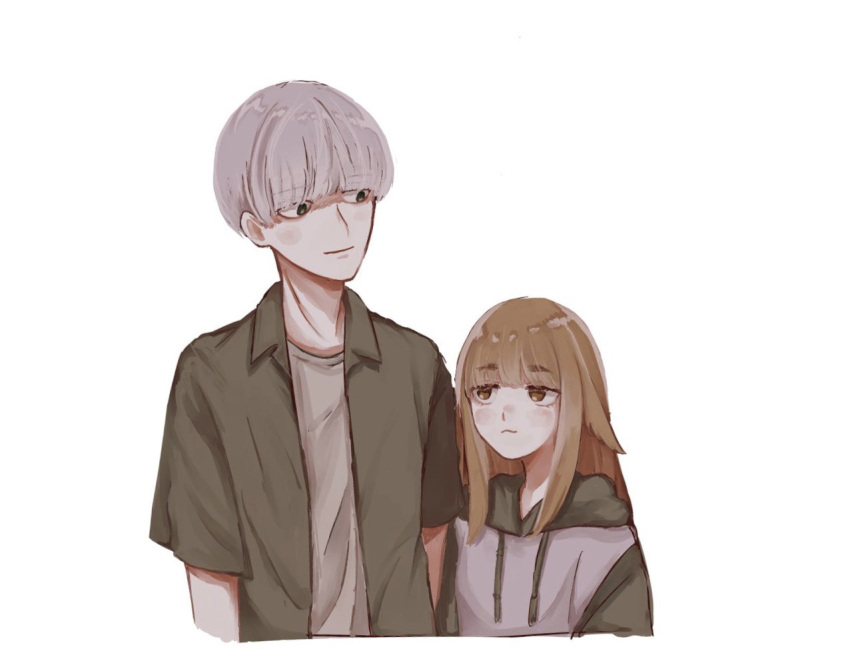 :3, animal_ears, arukumikan, blush, bowl_cut, brown_eyes, brown_hair, brown_shirt, commentary_request, hair_ears, height_difference, hood, hoodie, light_smile, long_hair, looking_at_another, mimihime_(tengoku_daimakyou), open_clothes, open_shirt, shiro_(tengoku_daimakyou), shirt, shirt_under_shirt, simple_background, sweater, swept_bangs, tengoku_daimakyou, two-tone_sweater, upper_body, white_background, white_hair