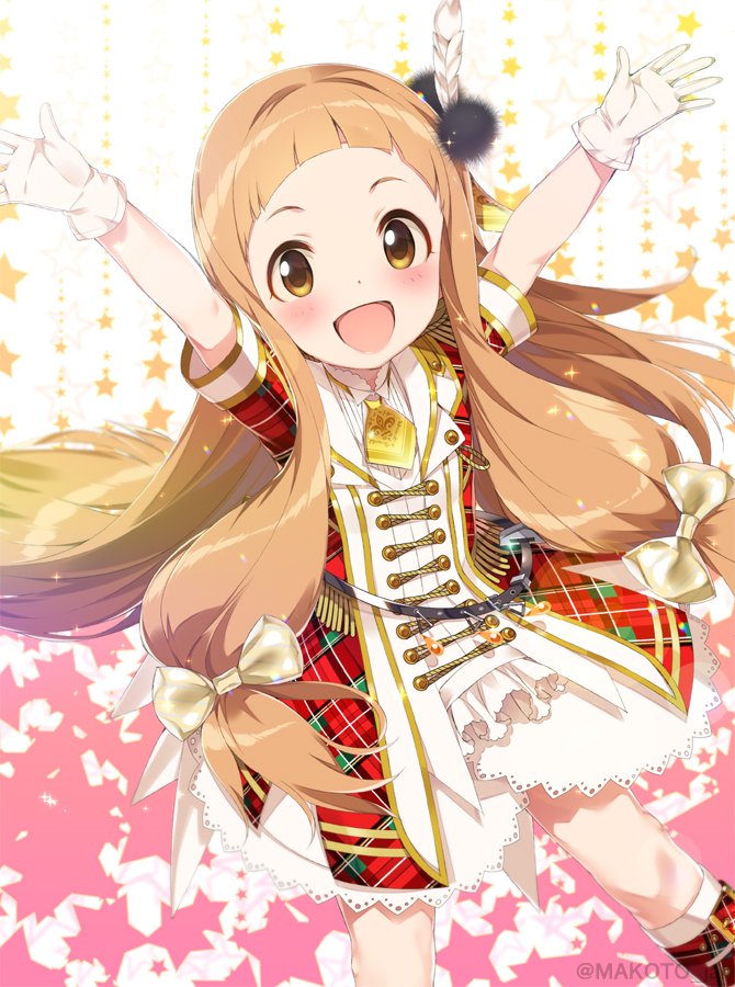 1girl, :d, across_the_stars_(idolmaster), arms_up, blunt_bangs, blush, brown_eyes, brown_hair, dress, epaulettes, feather_hair_ornament, feathers, gloves, hair_ornament, hair_ribbon, ichihara_nina, idolmaster, idolmaster_cinderella_girls, idolmaster_cinderella_girls_starlight_stage, idolmaster_cinderella_girls_u149, long_hair, looking_at_viewer, mizuki_makoto, necktie, open_mouth, pink_background, plaid, plaid_dress, red_dress, red_footwear, ribbon, short_sleeves, smile, solo, starry_background, twitter_username, two-tone_background, very_long_hair, white_background, white_gloves, yellow_necktie, yellow_ribbon