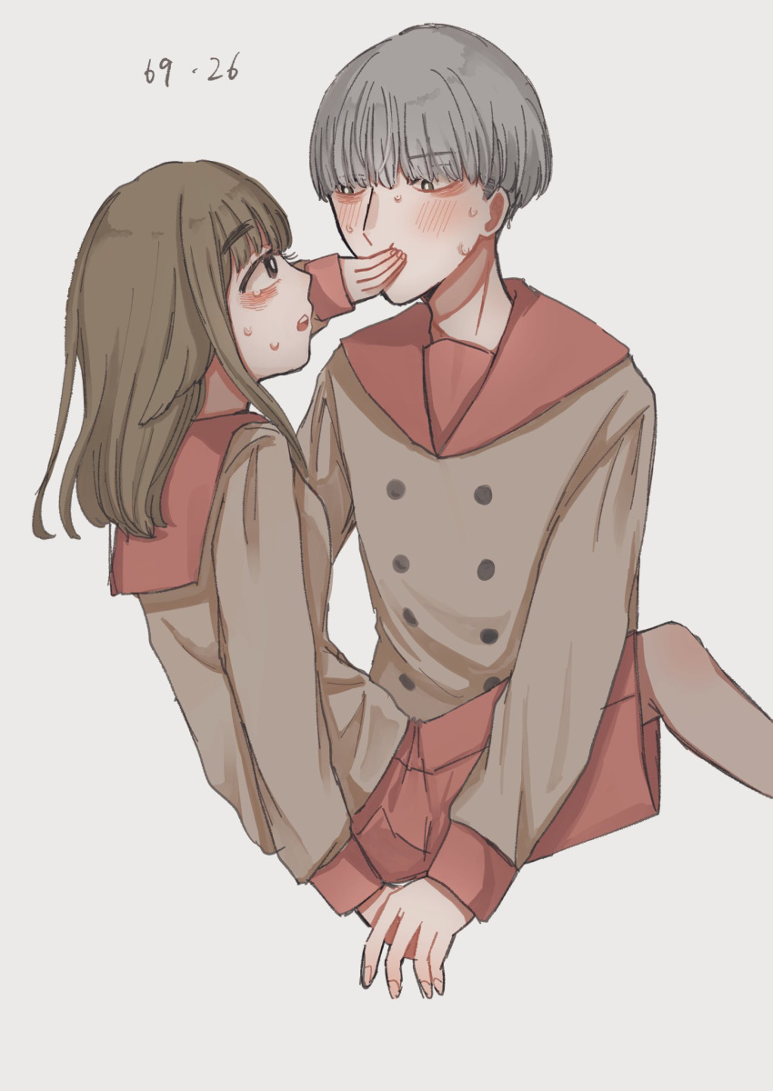 1boy, 1girl, arukumikan, blush, bowl_cut, brown_hair, buttons, collared_shirt, commentary_request, eye_contact, grey_hair, hair_ears, hair_over_eyes, hand_on_another's_hand, hand_on_another's_mouth, highres, invisible_chair, long_sleeves, looking_at_another, mimihime_(tengoku_daimakyou), open_mouth, red_shorts, shiro_(tengoku_daimakyou), shirt, shorts, sidelocks, simple_background, sitting, sleeve_cuffs, sweatdrop, takahara_academy_uniform, tan_background, tengoku_daimakyou