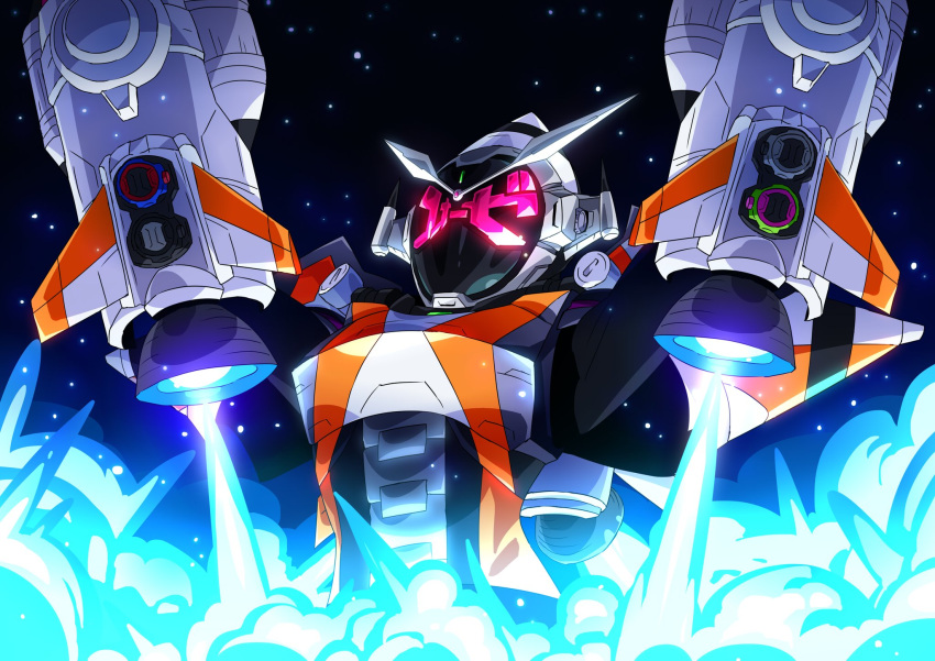 1boy, black_bodysuit, blue_fire, bodysuit, booster_rocket, build_rider_watch, ex-aid_rider_watch, fire