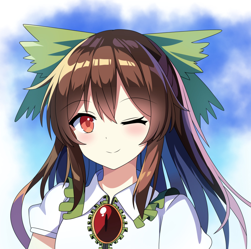 1girl, ;), absurdres, arina_stepanova, blue_sky, bow, brown_hair, commentary