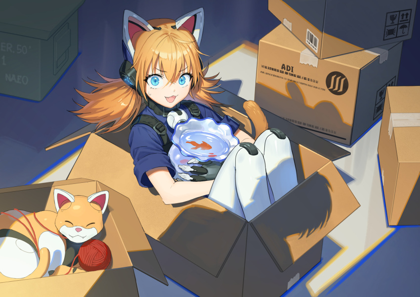1girl, betty_(girls'_frontline_nc), blue_eyes, blue_shirt, bowl, box, butyou_(mika1412), cardboard_box, cat, cat_tail, commentary, cross-shaped_pupils, fang, fish, fishbowl, girls'_frontline_neural_cloud, girls_frontline, goldfish, hair_between_eyes, headphones, highres, holding, holding_bowl, idw_(girls'_frontline), in_box, in_container, indoors, long_hair, looking_at_viewer, mechanical_ears, mechanical_hands, mechanical_legs, open_mouth, orange_hair, robot, robot_cat, shadow, shirt, short_sleeves, sitting, solo, surprised, sweatdrop, symbol-shaped_pupils, tail, twintails, yarn, yarn_ball