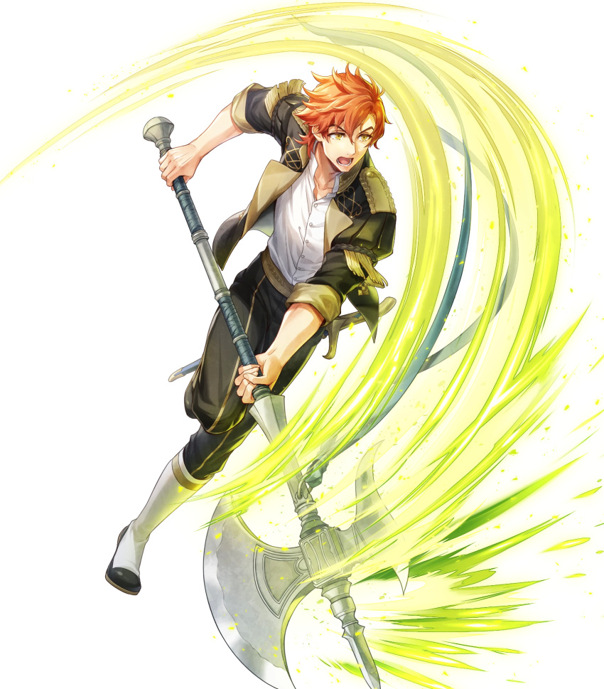 1boy, argon_(exys), axe, black_jacket, black_pants, blue_ribbon, boots, brown_eyes, fire_emblem, fire_emblem:_three_houses, fire_emblem_heroes, full_body, garreg_mach_monastery_uniform, hair_between_eyes, highres, holding, holding_axe, holding_weapon, jacket, leggings, male_focus, official_art, open_clothes, open_jacket, open_mouth, orange_hair, pants, ribbon, scabbard, sheath, sheathed, shirt, short_hair, solo, sword, sylvain_jose_gautier, transparent_background, weapon, white_footwear, white_shirt