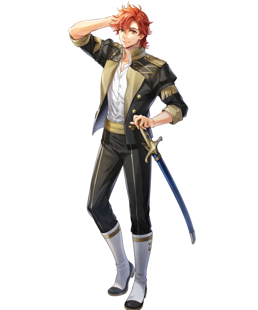 1boy, argon_(exys), arm_up, black_jacket, black_pants, boots, brown_eyes, fire_emblem