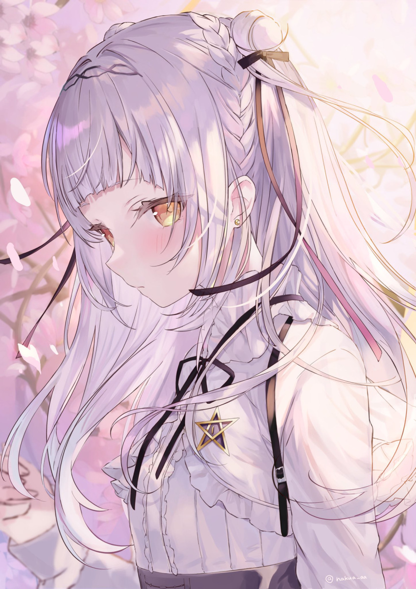 1girl, black_ribbon, blush, center_frills, closed_mouth, double_bun, frilled_shirt, frills