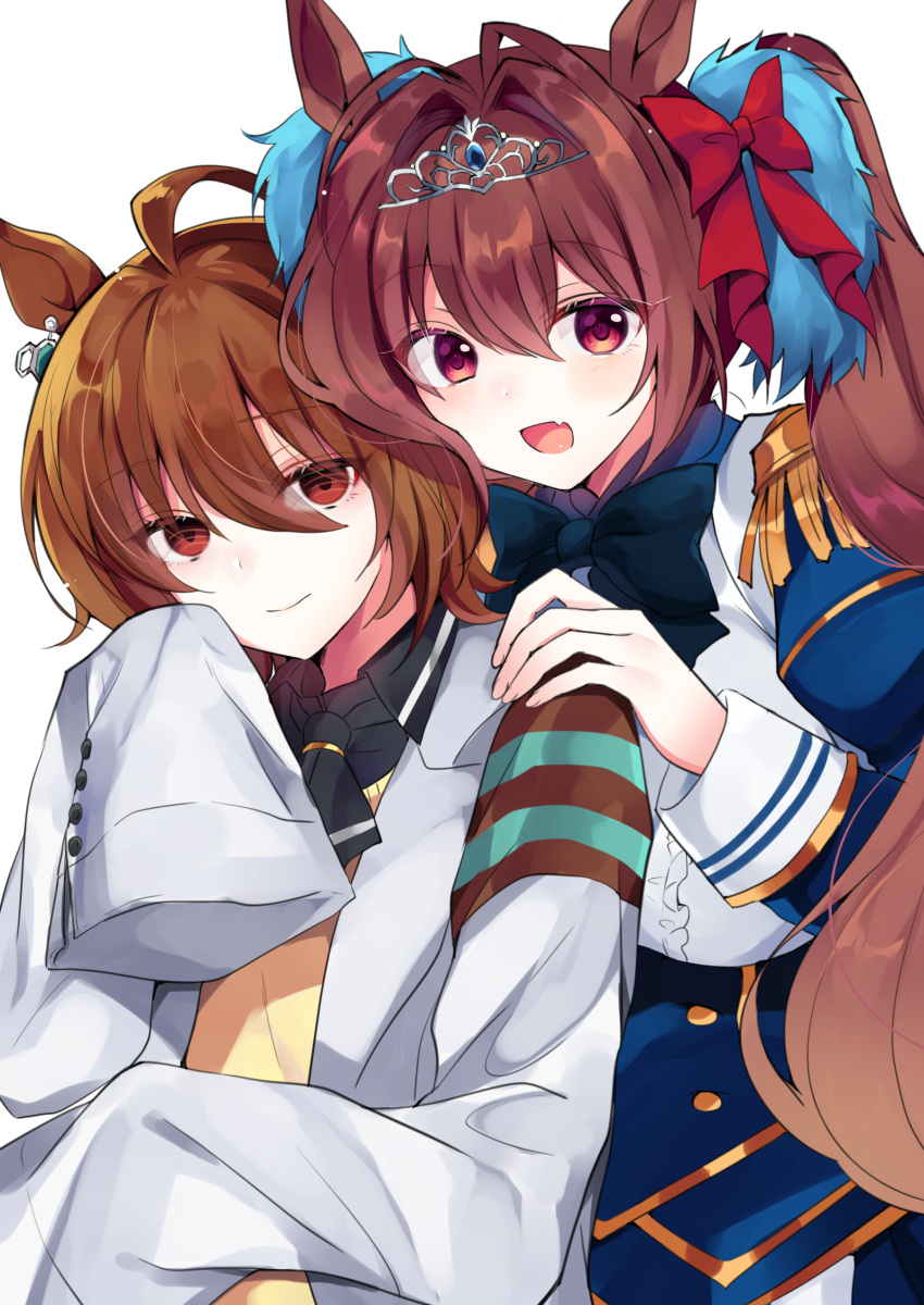 2girls, :d, absurdres, agnes_tachyon_(umamusume), ahoge, animal_ears, antenna_hair, black_necktie