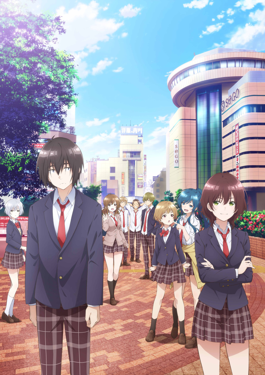 4boys, 6+girls, :d, absurdres, black_hair, black_jacket, black_socks, blazer