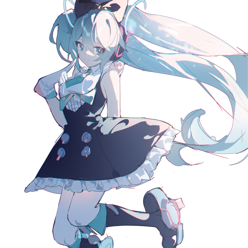 1girl, absurdres, aqua_eyes, aqua_hair, aqua_necktie, arm_behind_back, black_bow, black_dress