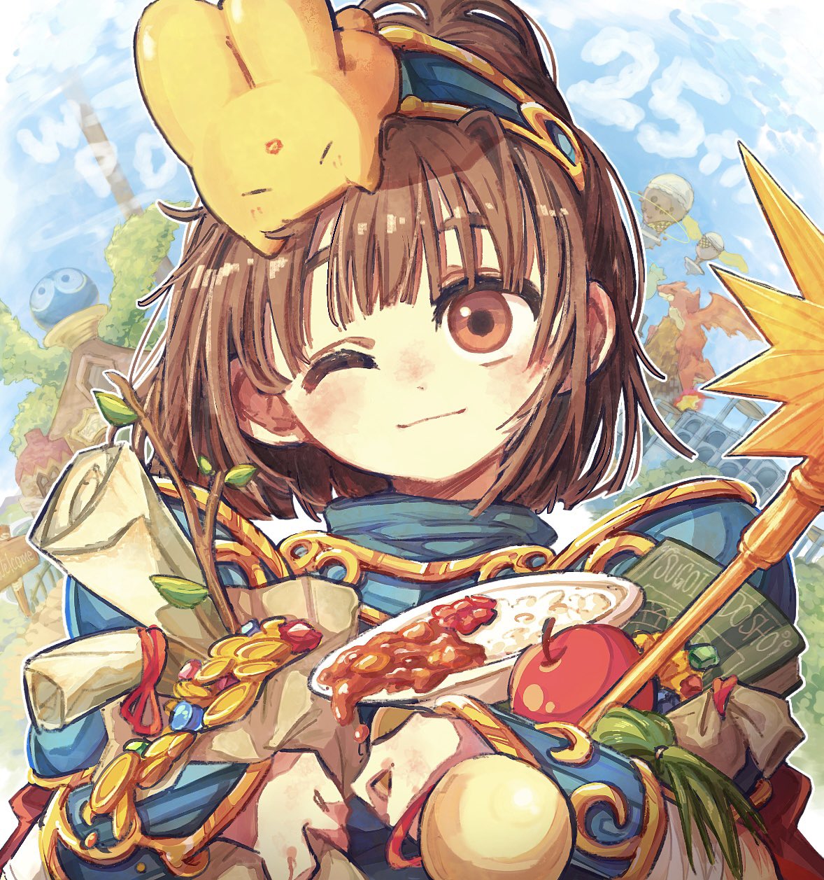 1girl, 55_(afutanun_0120), ;), anniversary, apple, armor, bag, blue_sky, blunt_bangs, book, bridge, brown_eyes, brown_hair, carbuncle_(puyopuyo), clouds, cloudy_sky, coin, copyright_name, creature, creature_on_head, curry, curry_rice, dragon, floating_island, food, fruit, gem, gold_coin, grass, head_tilt, highres, holding, looking_at_viewer, medium_hair, one_eye_closed, outdoors, pauldrons, plate, ponytail, puyo_(puyopuyo), puyopuyo, rice, sack, scroll, shoulder_armor, sign, sky, smile, solo, stick, too_many, tree, vambraces, waku_waku_puyo_dungeon