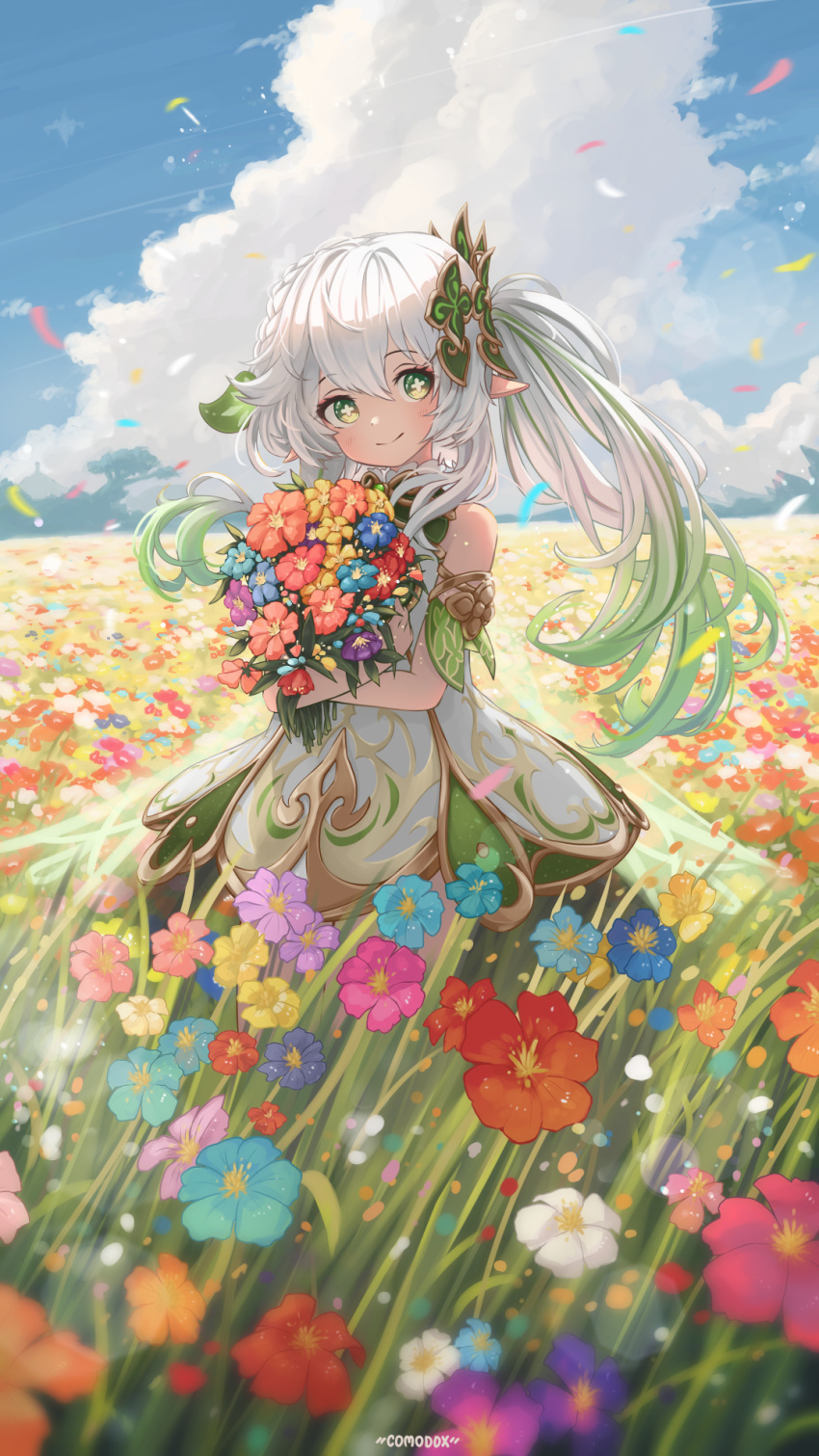 1girl, armlet, artist_name, blue_flower, bouquet, braid, closed_mouth, clouds