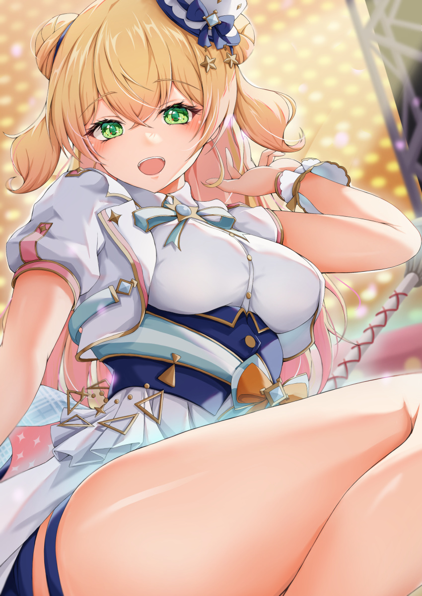 1girl, :d, absurdres, blonde_hair, blue_bow, blue_bowtie, blush, bow