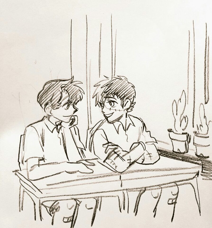2boys, bandaid, bandaid_on_leg, black_jack_(character), black_jack_(series), cactus, chair, closed_mouth