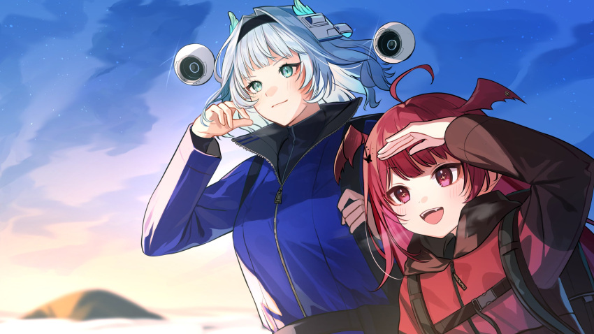 2girls, ahoge, angel, aqua_eyes, araka_luto, arisuke_gnsn, backpack, bag