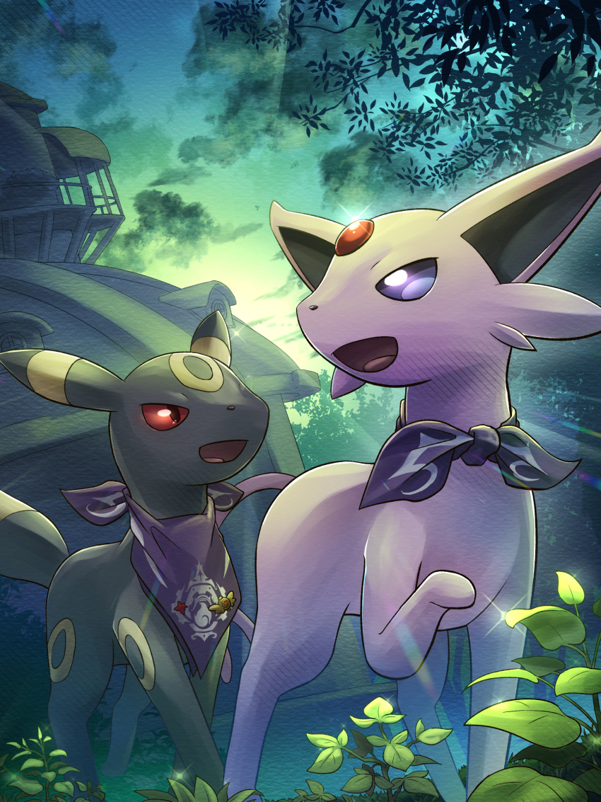 absurdres, building, clothed_pokemon, espeon, grass, hakkentai_pokedan, highres, no_humans