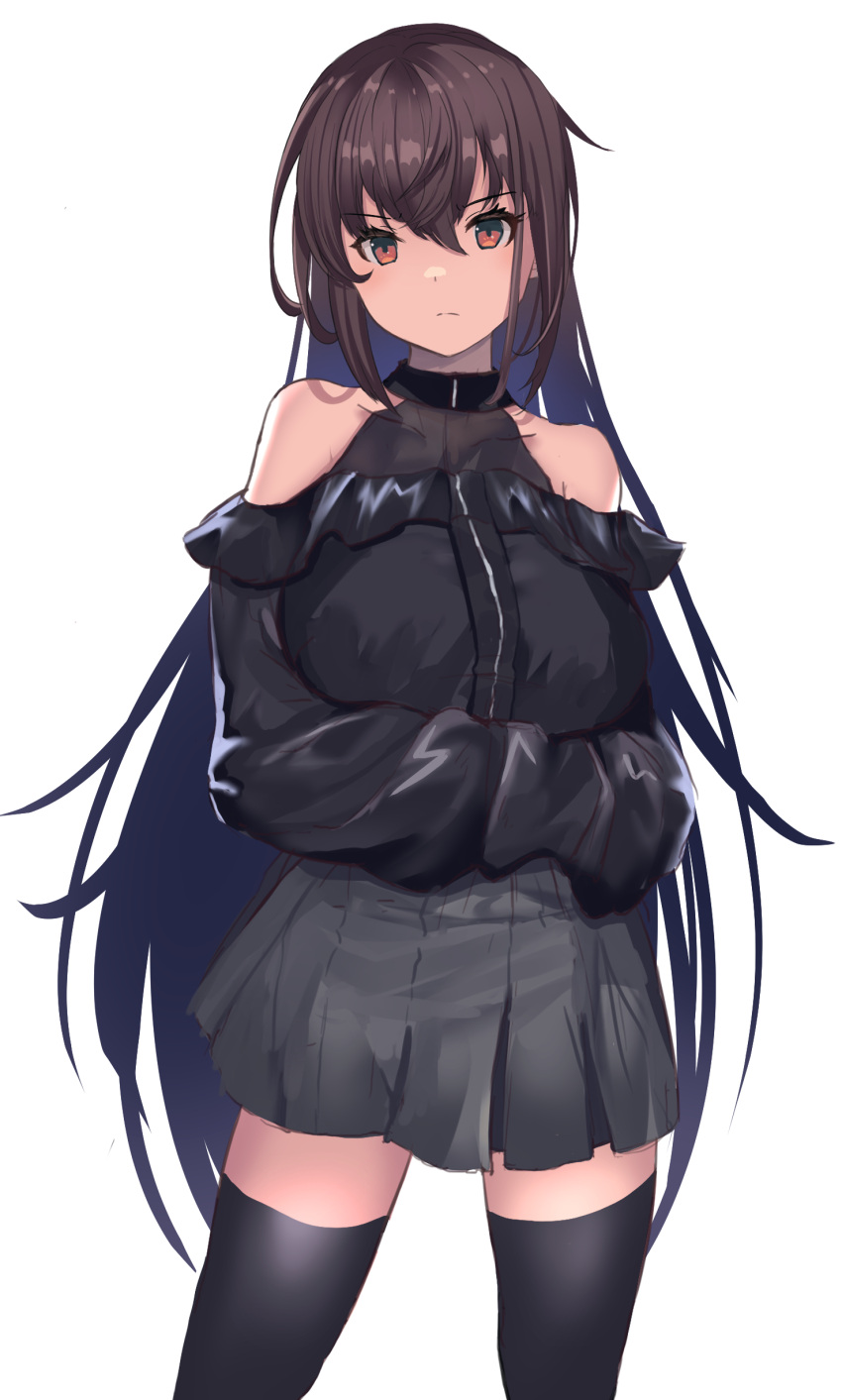 1girl, absurdres, alternate_costume, bare_shoulders, black_hair, black_sweater, black_thighhighs, brown_eyes