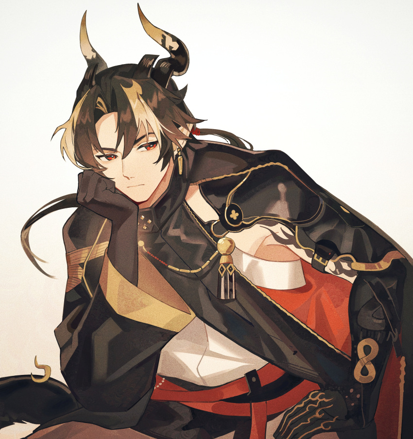 1boy, absurdres, arknights, black_coat, black_gloves, blonde_hair, brown_hair, chinese_commentary, chong_yue_(arknights), closed_mouth, coat, commentary_request, dragon_horns, earrings, expressionless, gloves, hair_between_eyes, head_rest, highres, horns, huaxiao0826, jewelry, long_hair, long_sleeves, looking_away, low_ponytail, male_focus, multicolored_hair, open_clothes, open_coat, pointy_ears, red_eyes, shirt, simple_background, solo, streaked_hair, tassel, upper_body, v-shaped_eyebrows, white_background, white_shirt