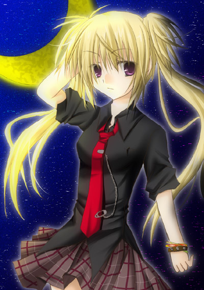 1990s_(style), 1girl, black_hair, black_shirt, blonde_hair, bracelet, chain, closed_mouth