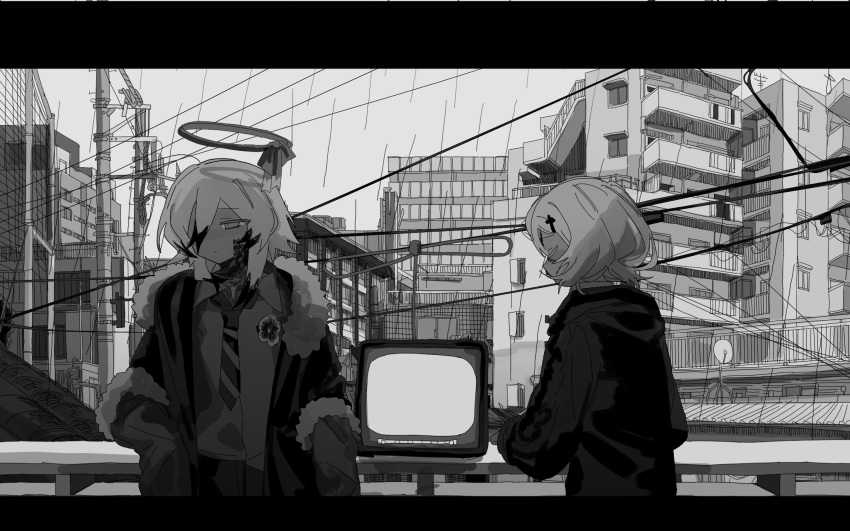 2girls, apartment, building, city, cityscape, closed_eyes, closed_mouth, collared_shirt