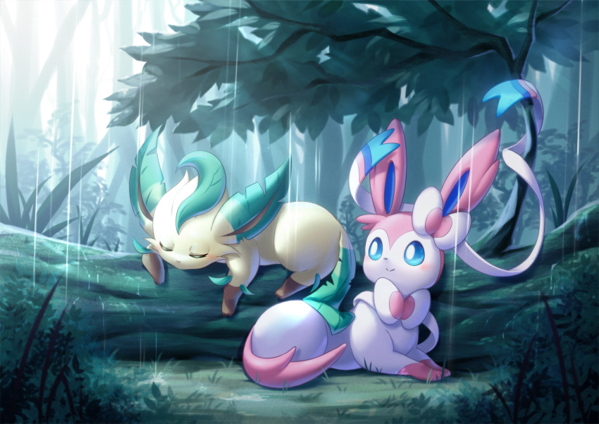blush, closed_eyes, forest, highres, histoire-ange, leafeon, log, nature, no_humans, on_ground, outdoors, pokemon, pokemon_(creature), rain, sylveon, tree