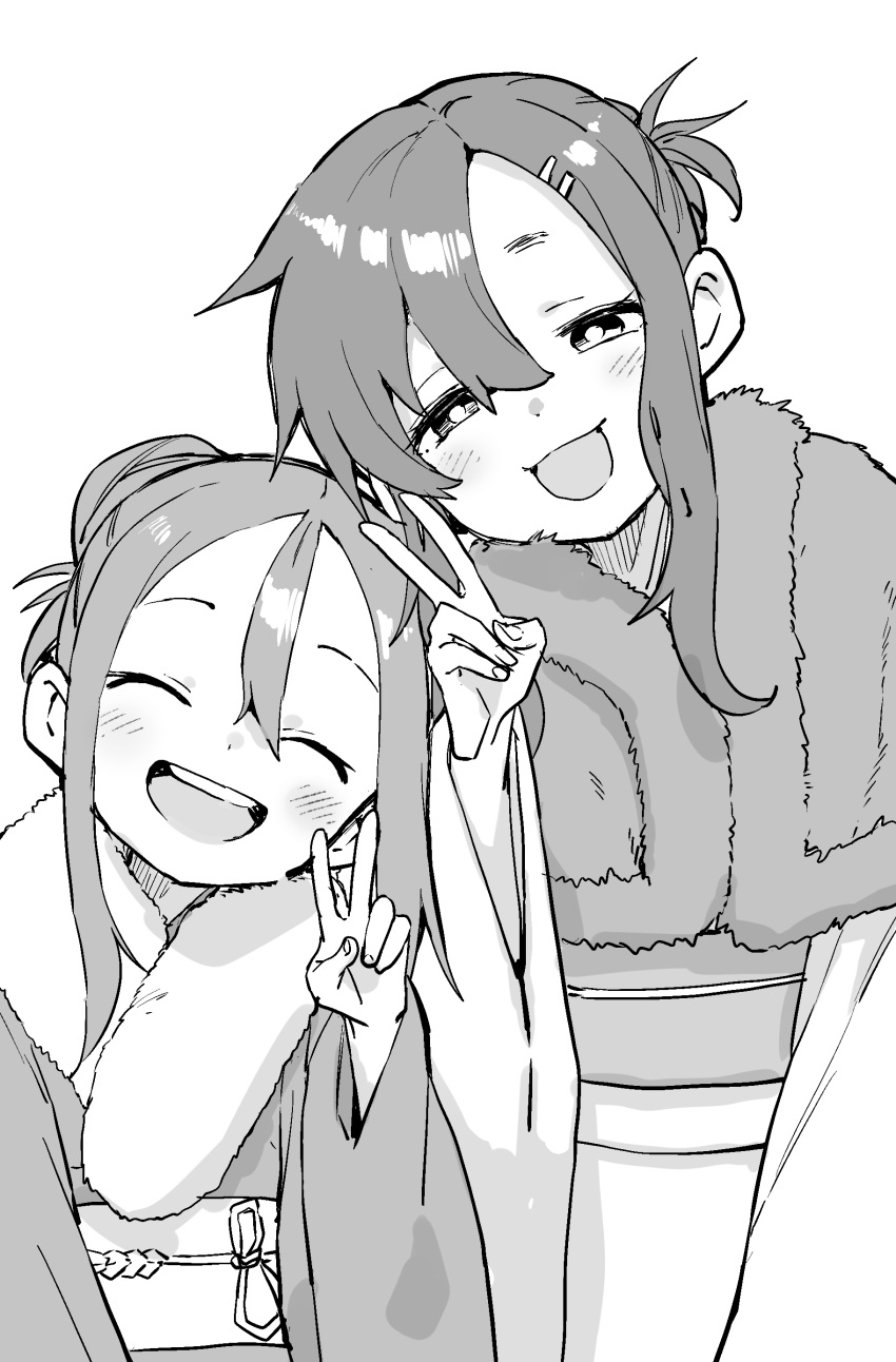 2girls, :d, ^_^, absurdres, blush, closed_eyes, commentary_request, facing_viewer