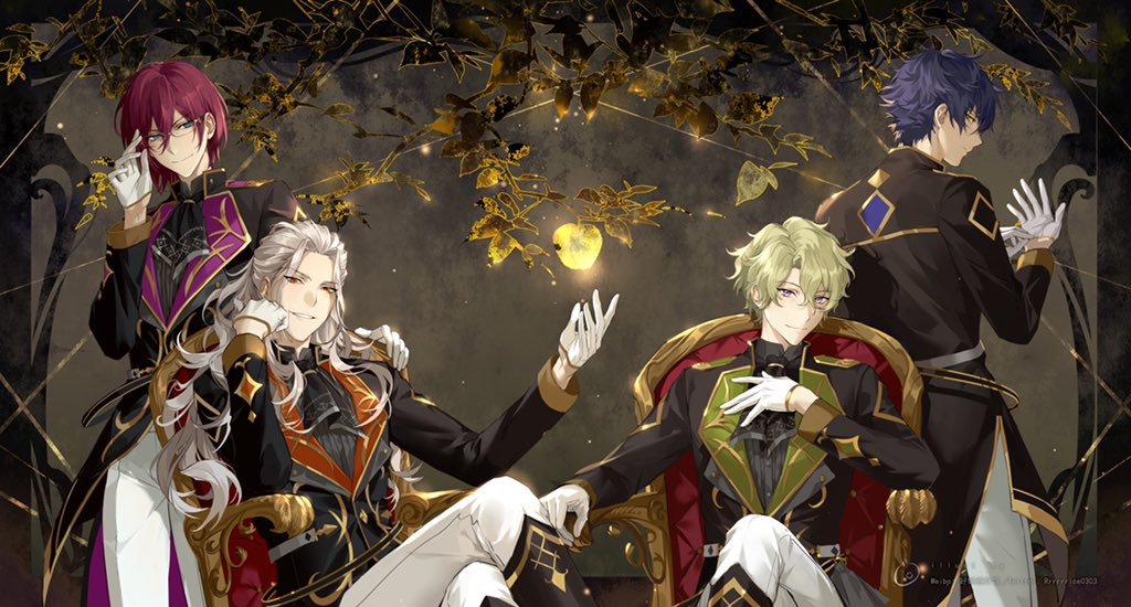 4boys, apple, blue_eyes, blue_hair, chair, chinese_commentary, closed_mouth, commentary_request