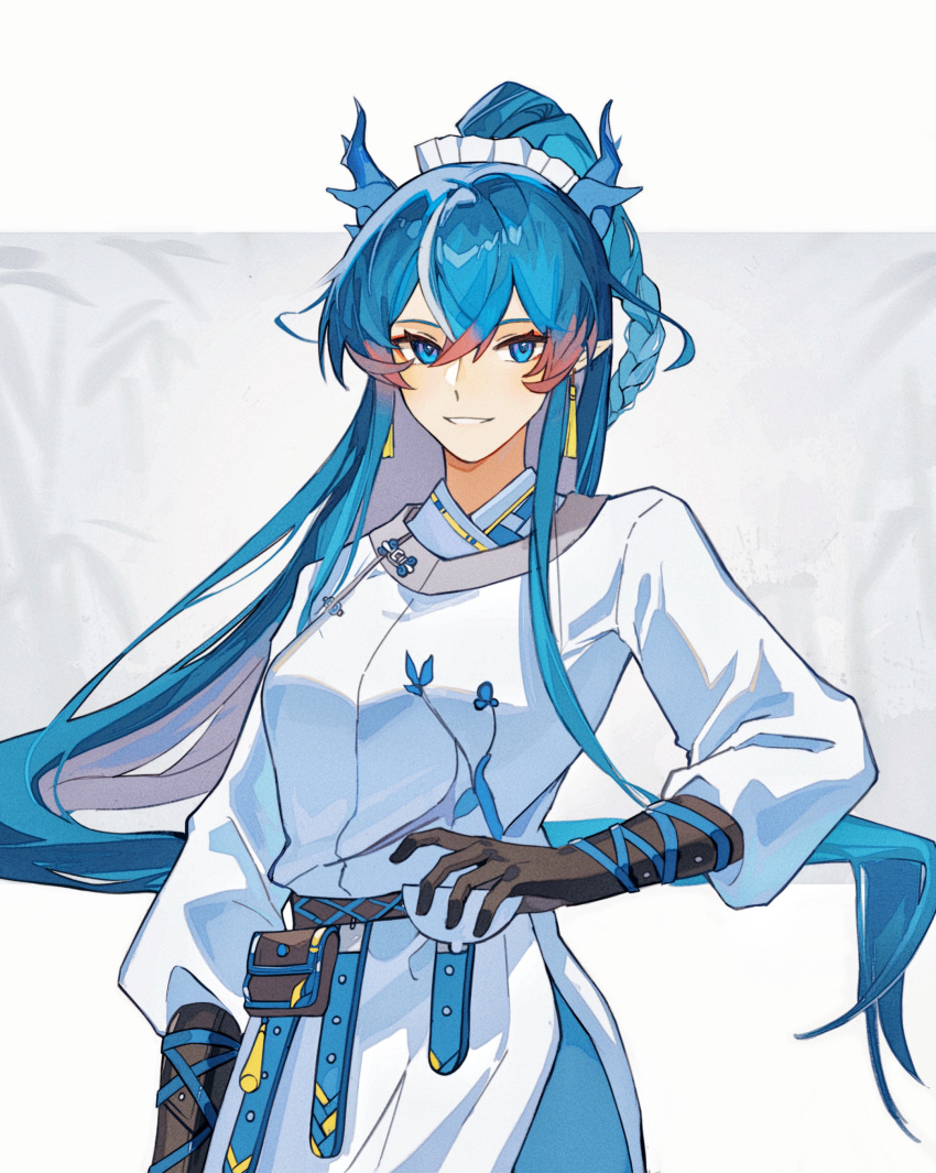 1girl, absurdres, arknights, black_gloves, blue_eyes, blue_hair, blush, braid, chinese_commentary, commentary_request, dragon_horns, dress, earrings, floating_hair, gloves, hand_on_own_hip, highres, hip_vent, horns, huaxiao0826, jewelry, ling_(arknights), long_hair, long_sleeves, looking_at_viewer, multicolored_hair, parted_lips, pointy_ears, ponytail, redhead, smile, solo, tassel, upper_body, very_long_hair, white_dress, white_hair