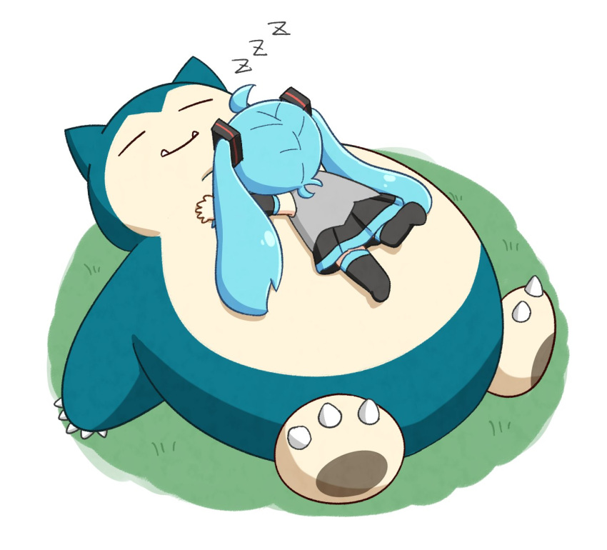 1girl, ahoge, aqua_hair, bare_shoulders, black_skirt, black_sleeves, black_thighhighs, chibi