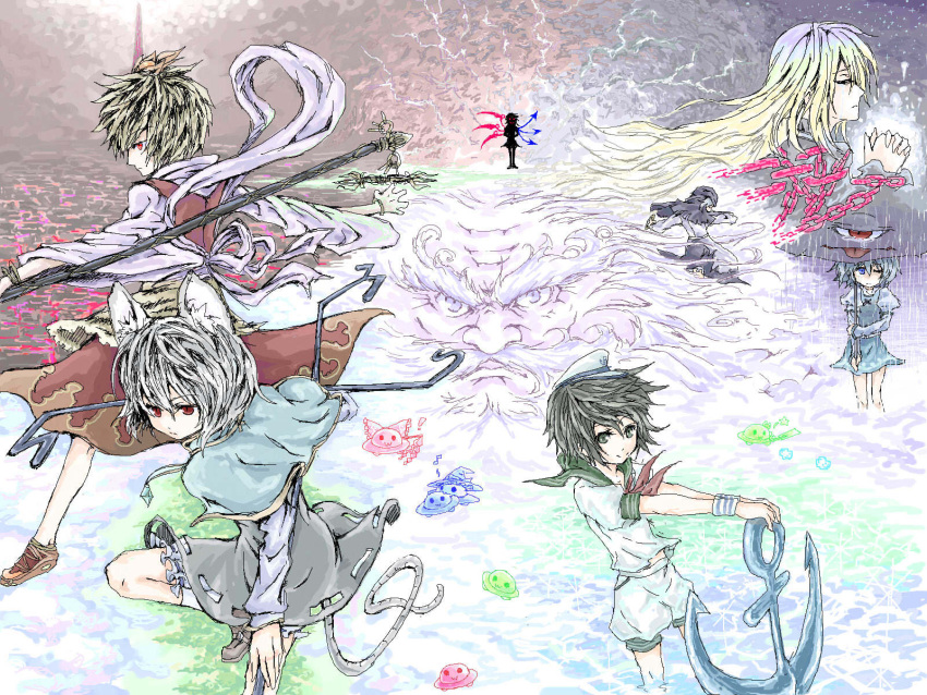 chain, hakurei_reimu, highres, hijiri_byakuren, houjuu_nue, kirisame_marisa, kochiya_sanae, kumoi_ichirin