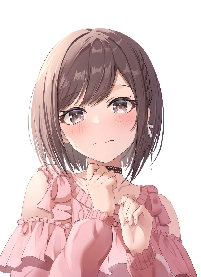 1girl, absurdres, bare_shoulders, black_choker, blush, bow, braid, brown_eyes