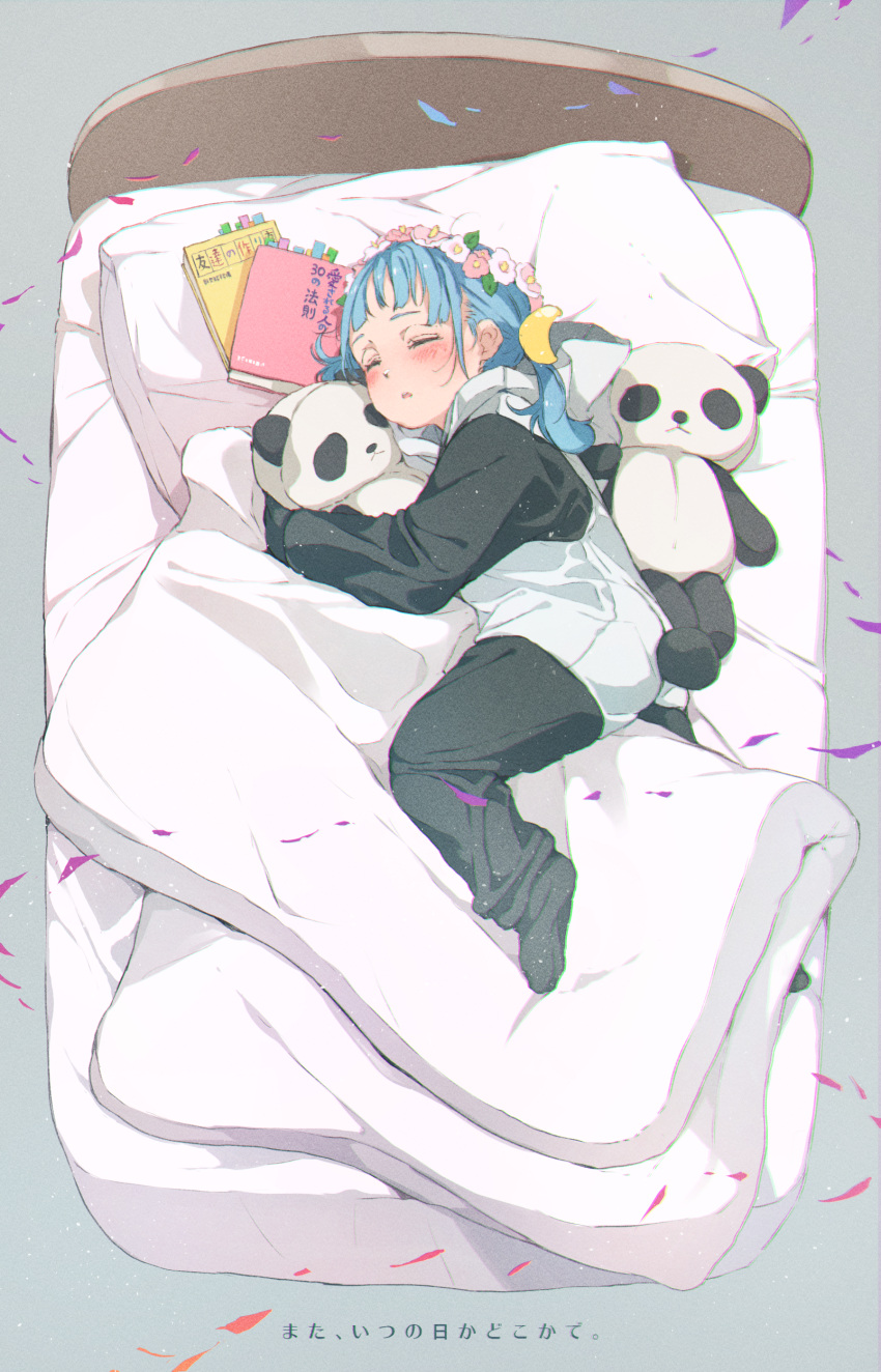 1girl, :o, absurdres, animal_costume, animal_hood, bed, blue_hair, blush, book, closed_eyes, commentary_request, crescent, crescent_hair_ornament, flower, flower_wreath, gomennasai, grey_background, hair_ornament, head_wreath, highres, hood, hood_down, long_hair, lying, monday-chan_(gomennasai), on_side, original, panda_costume, panda_hood, parted_lips, pillow, pink_flower, simple_background, sleeping, solo, stuffed_animal, stuffed_panda, stuffed_toy, translation_request, twintails, white_flower