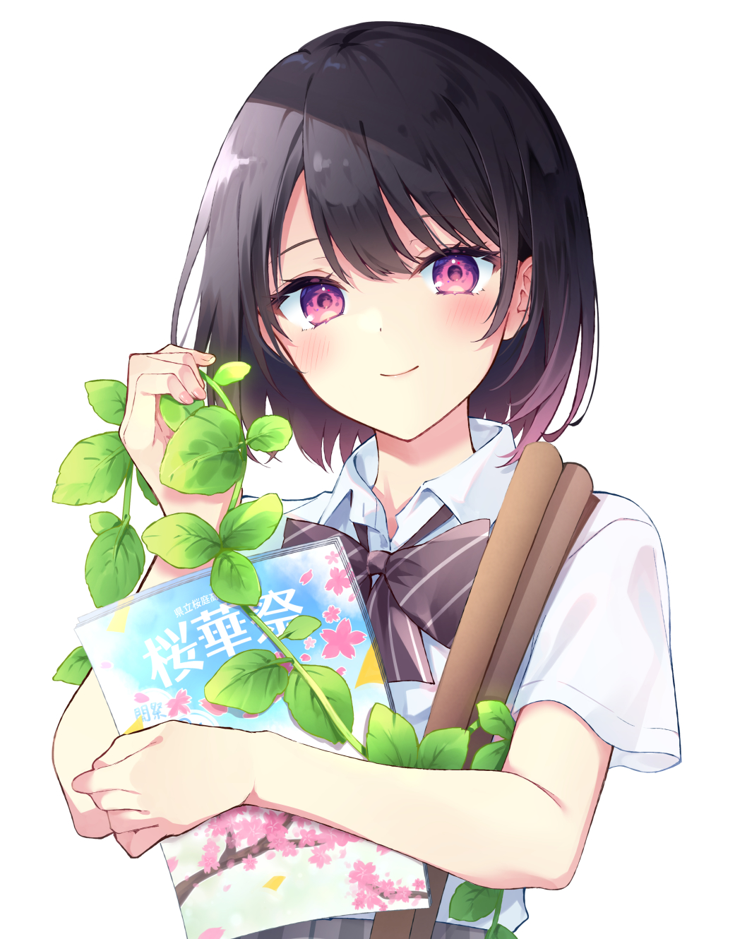 1girl, black_bow, black_hair, blush, bow, closed_mouth, collared_shirt, commentary_request, diagonal-striped_bow, dress_shirt, highres, looking_at_viewer, object_hug, satou_koharu, shio_taiou_no_satou-san_ga_ore_ni_dake_amai, shirt, simple_background, smile, solo, tetsu_tissue, upper_body, violet_eyes, white_background, white_shirt