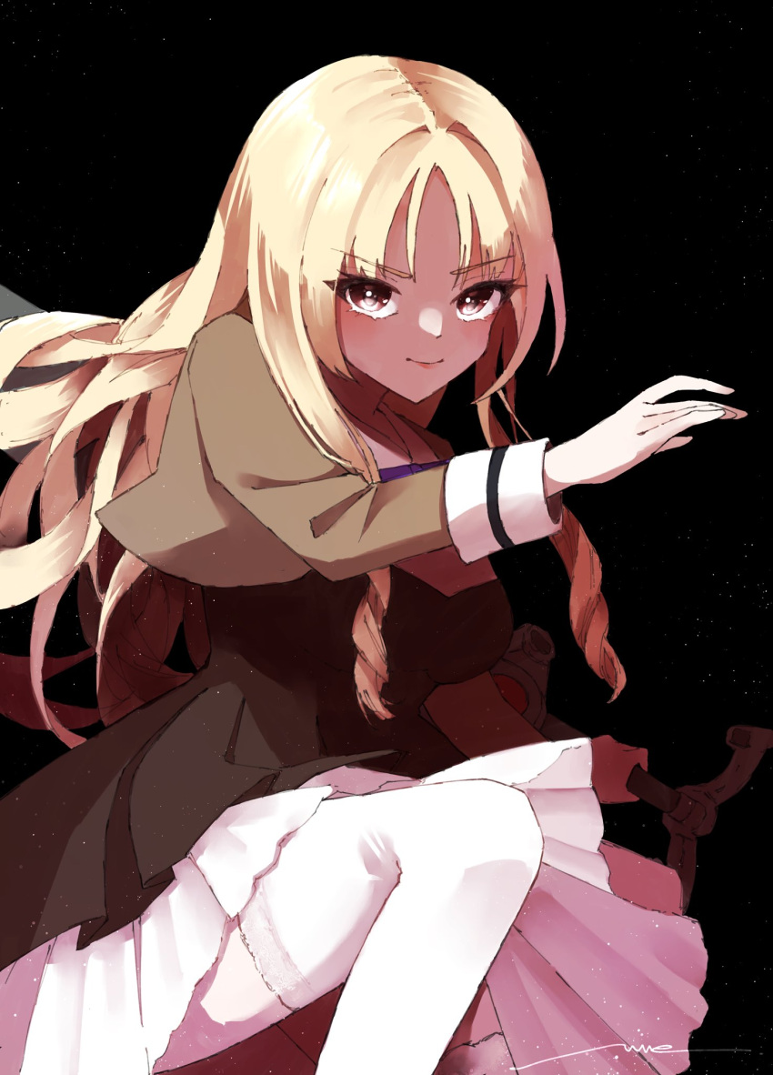 1girl, amahara_nue, arm_at_side, artist_name, assault_lily, black_background, blonde_hair, breasts