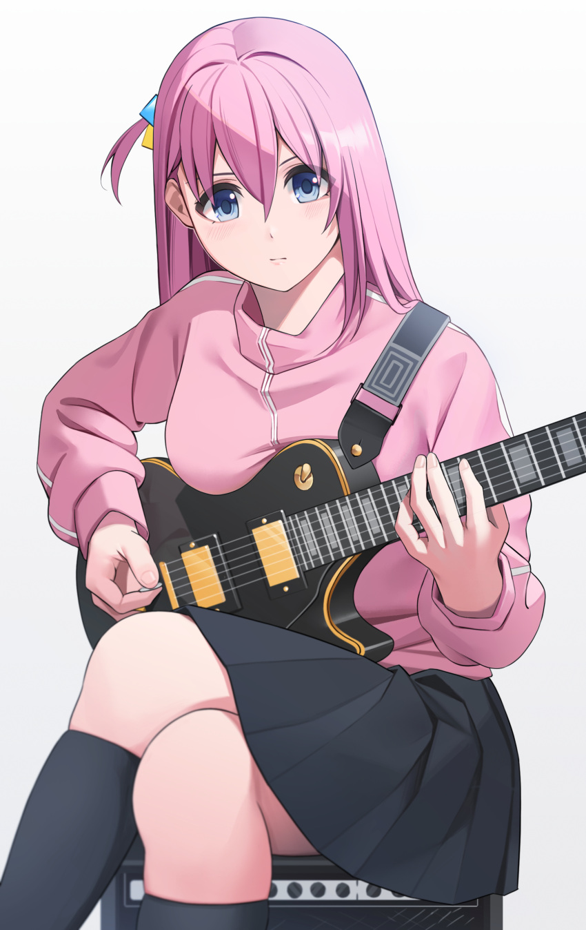 1girl, absurdres, black_socks, blue_eyes, blush, bocchi_the_rock!, closed_mouth, commentary_request
