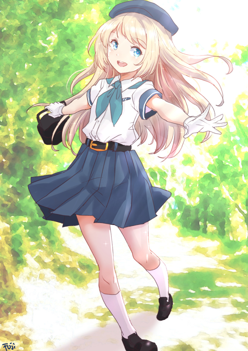 1girl, belt, beret, black_footwear, blonde_hair, blue_eyes, blue_headwear, blue_neckerchief