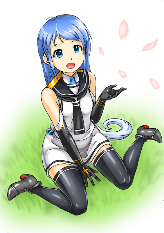 1girl, black_gloves, black_neckerchief, black_sailor_collar, black_thighhighs, blue_eyes, blue_hair, commentary_request, elbow_gloves, gloves, gradient_hair, kantai_collection, kudou_(ooabareteng), long_hair, multicolored_hair, neckerchief, petals, sailor_collar, sailor_shirt, samidare_(kancolle), school_uniform, serafuku, shirt, sitting, skirt, sleeveless, sleeveless_shirt, smile, solo, swept_bangs, thigh-highs, very_long_hair, wariza, white_shirt, white_skirt