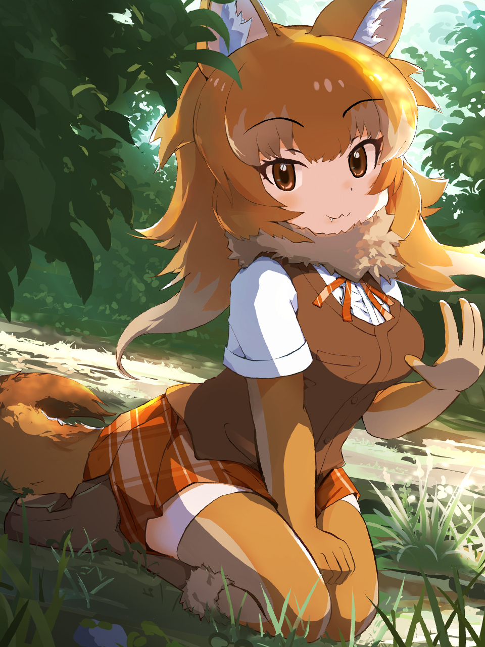 1girl, :3, animal_ears, blush, brown_eyes, brown_fur, brown_gloves, brown_skirt, brown_thighhighs, brown_vest, dhole_(kemono_friends)_(old_design), dog_ears, dog_girl, dog_tail, elbow_gloves, fur_collar, gloves, highres, kemono_friends, koutsuu_(koutuukanseikan), looking_at_viewer, plaid, plaid_skirt, pleated_skirt, seiza, shirt, short_sleeves, sitting, skirt, solo, t-shirt, tail, thigh-highs, vest, waving, white_shirt, zettai_ryouiki