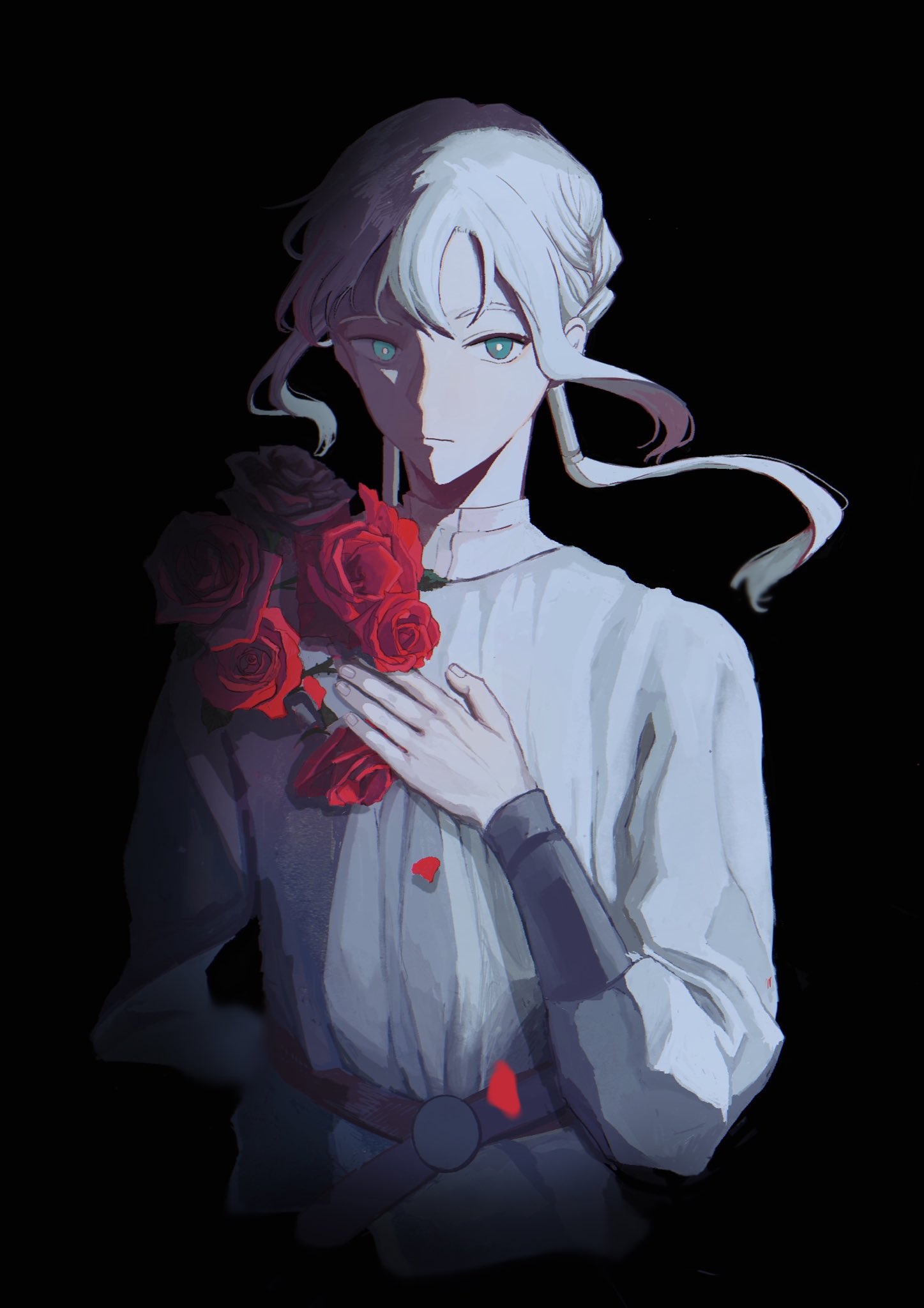1boy, 31tamagokake580, :|, amputee, aqua_eyes, bedivere_(fate), belt, black_background