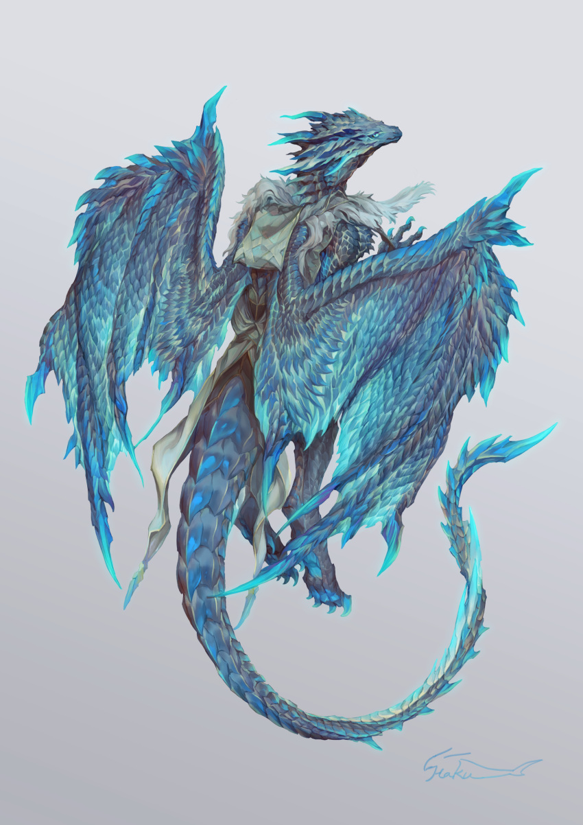 absurdres, animal_focus, blue_eyes, claws, commentary, dragon, from_behind, full_body