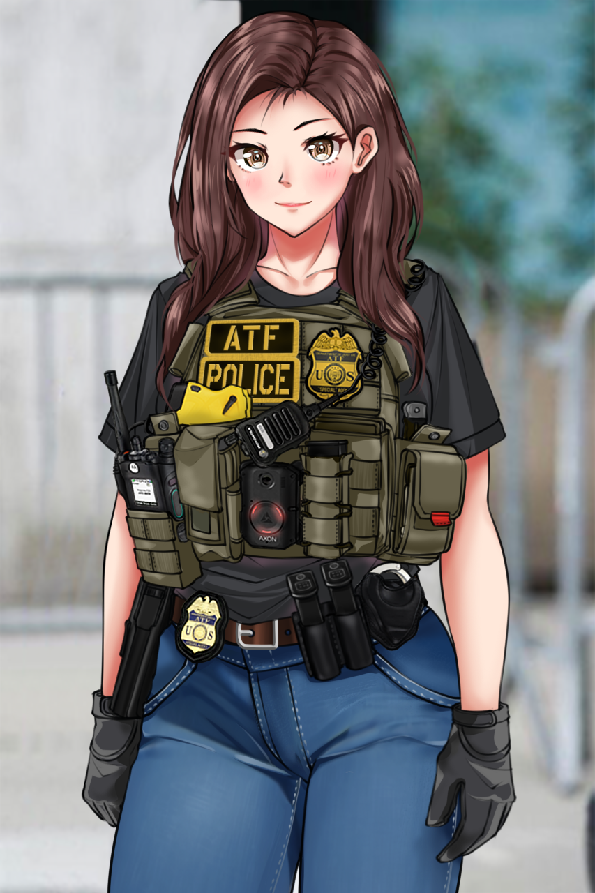 1girl, badge, belt, black_gloves, black_hair, blue_pants, blurry, blurry_background, blush, body_cam, brown_belt, brown_eyes, brown_hair, closed_mouth, collarbone, commentary, english_commentary, gloves, gun, handgun, highres, holster, jizi, load_bearing_vest, original, outdoors, pants, pocket, police, police_badge, police_uniform, policewoman, shirt, short_sleeves, smile, solo, standing, stun_gun, t-shirt, uniform, united_states, utility_belt, walkie-talkie, weapon