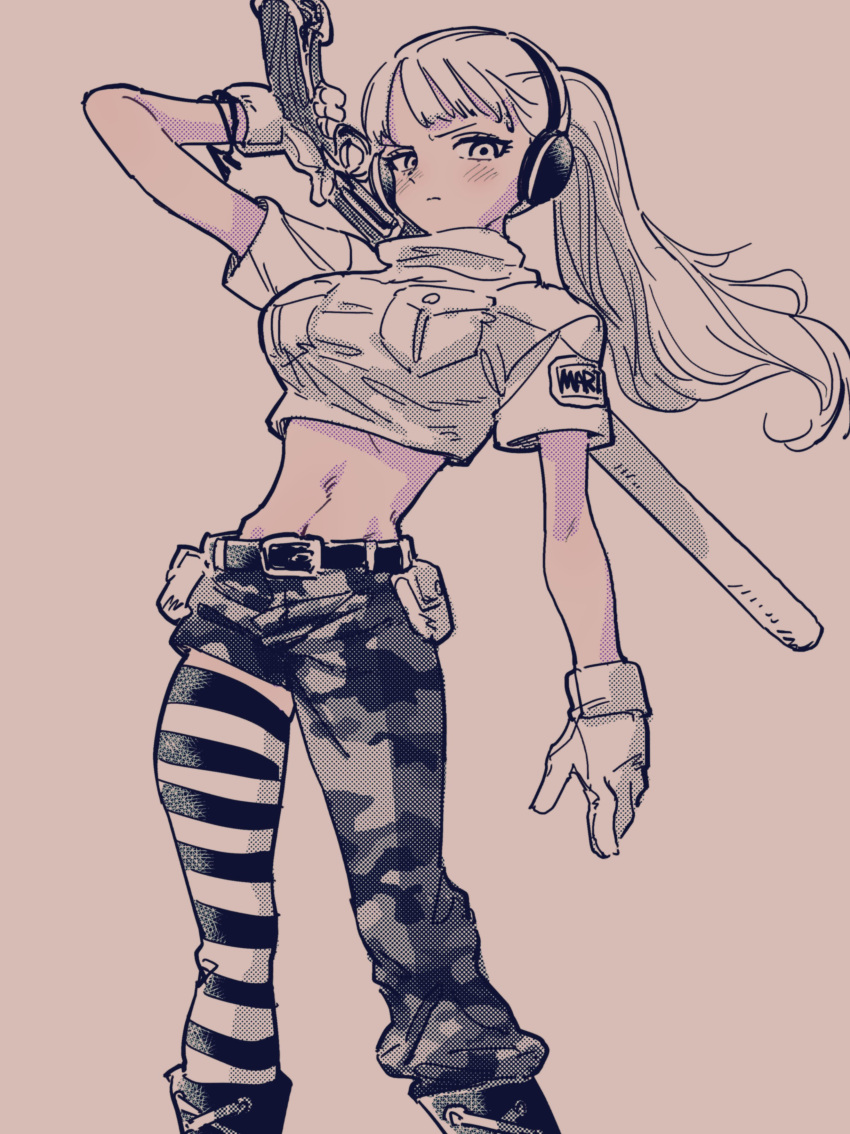 1girl, absurdres, asymmetrical_clothes, camouflage, camouflage_pants, eisu_(eith), gloves, gun