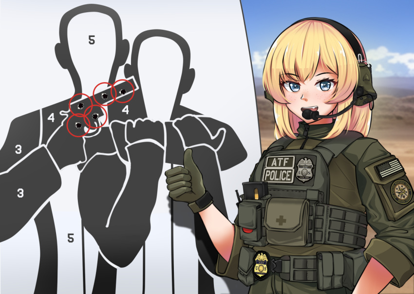 1girl, :d, american_flag, atf, badge, blonde_hair, blue_eyes, bullet_hole, commentary, cross, ear_protection, english_commentary, gloves, green_gloves, green_shirt, jizi, load_bearing_vest, long_hair, looking_at_viewer, open_mouth, original, outdoors, patch, police, police_badge, police_uniform, policewoman, red_circle, red_cross, shirt, shooting_range, shoulder_patches, sleeves_rolled_up, smile, solo, teeth, thumbs_up, uniform, united_states, upper_teeth_only, vest, whiskey_(jizi)