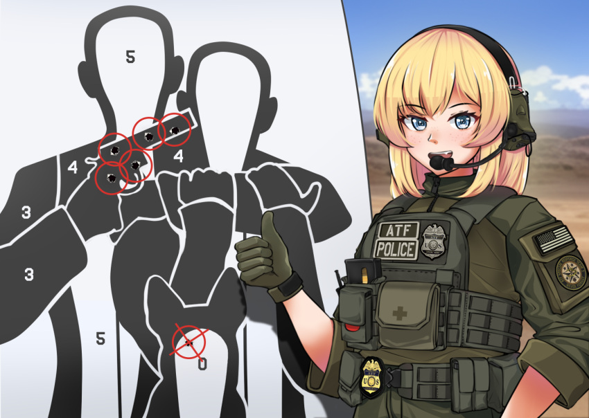 1girl, :d, american_flag, atf, badge, blonde_hair, blue_eyes, bullet_hole, commentary, cross, ear_protection, english_commentary, gloves, green_gloves, green_shirt, jizi, load_bearing_vest, long_hair, looking_at_viewer, open_mouth, original, outdoors, patch, police, police_badge, police_uniform, policewoman, red_circle, red_cross, shirt, shooting_range, shoulder_patches, sleeves_rolled_up, smile, solo, teeth, thumbs_up, uniform, united_states, upper_teeth_only, vest, whiskey_(jizi)